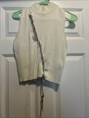 Forever 21 Cream Sleeveless Mock Neck Crop Top with Chain Detail